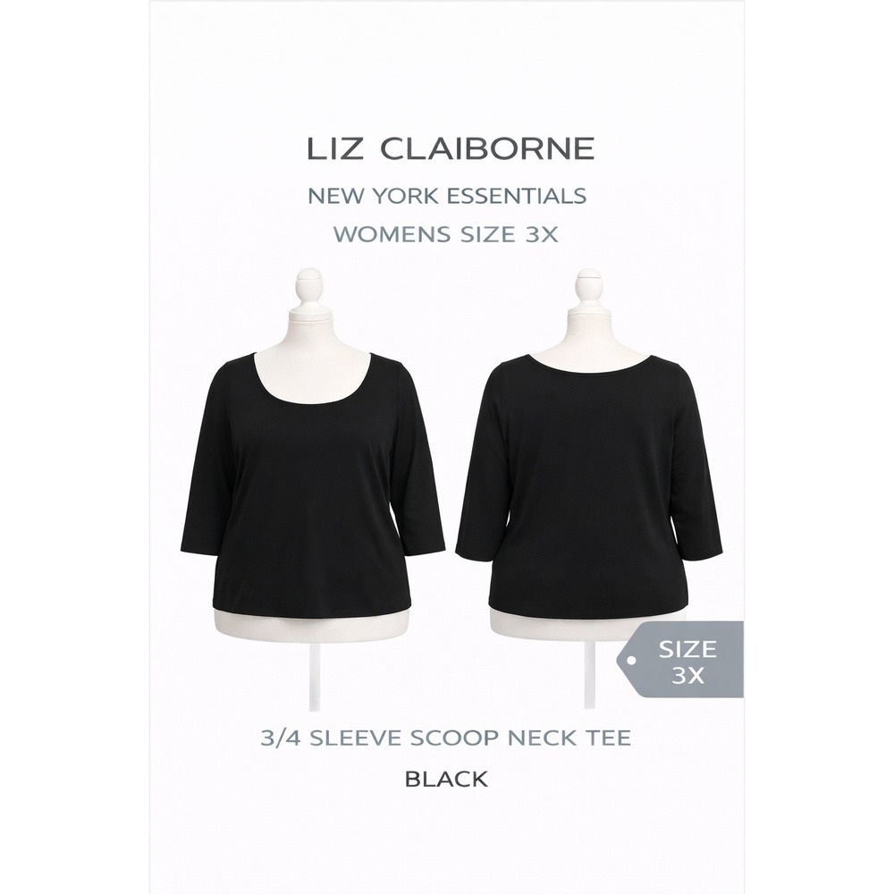 Liz Claiborne NY Essentials Womens 3X Black 3/4 Sleeve Scoop Neck Tee Cotton‎